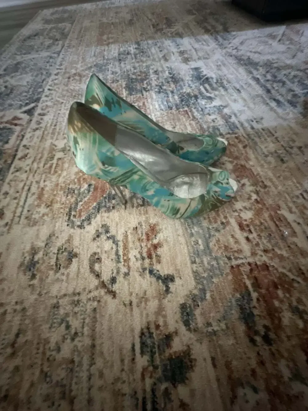 Aldo Blue and Green Patterned Peep Toe Stiletto Heels